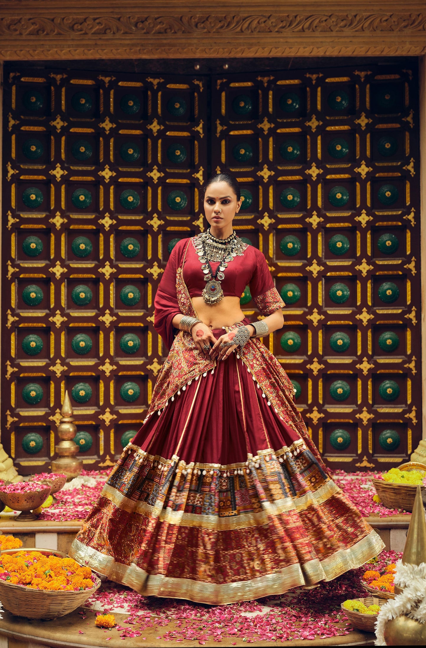 Dark Maroon Rayon Foil Printed Navratri  Chaniya Choli