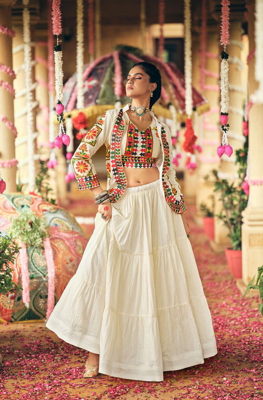White Cotton Thread Embroidered Navratri  Chaniya Choli