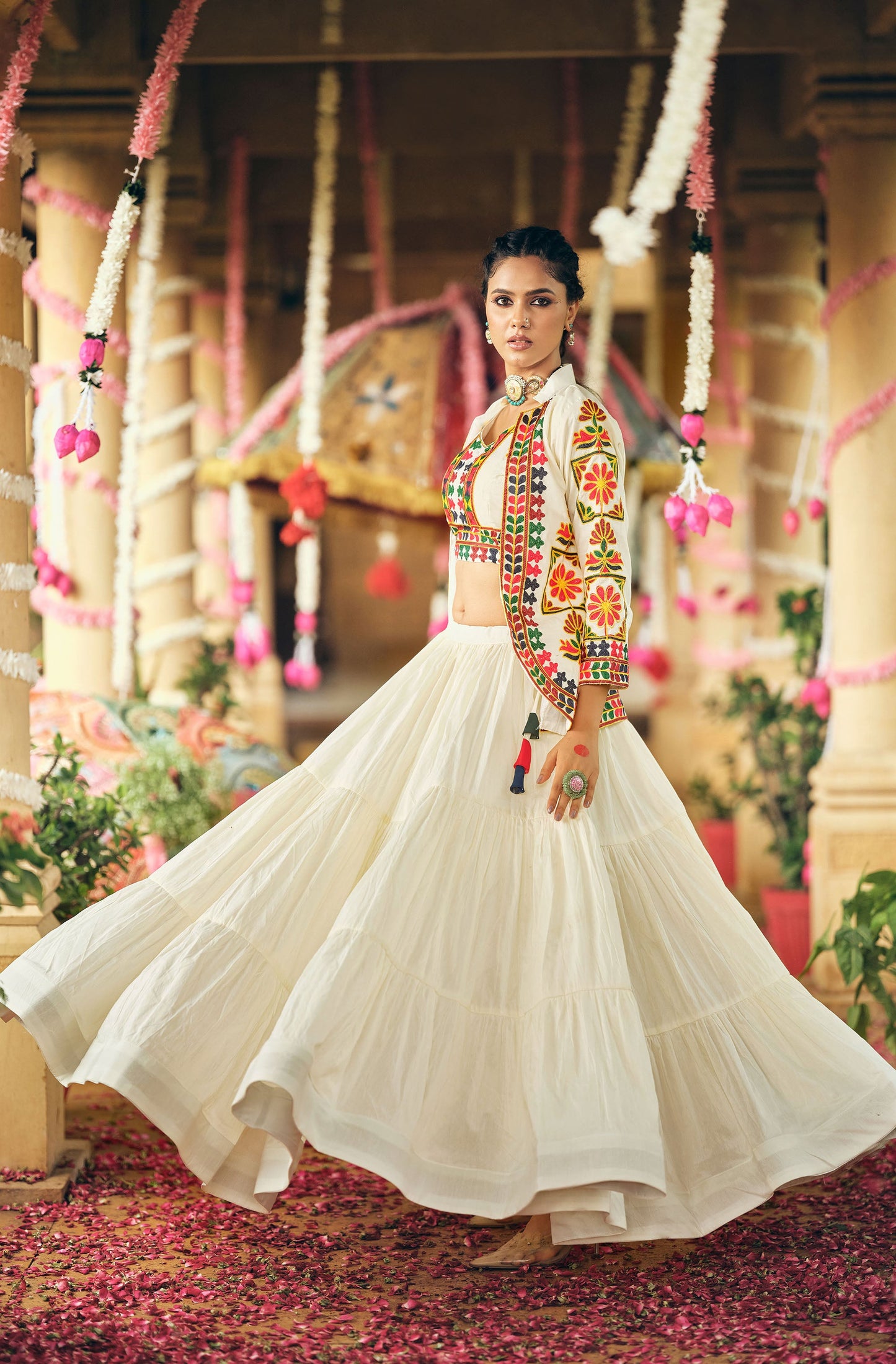 White Cotton Thread Embroidered Navratri  Chaniya Choli