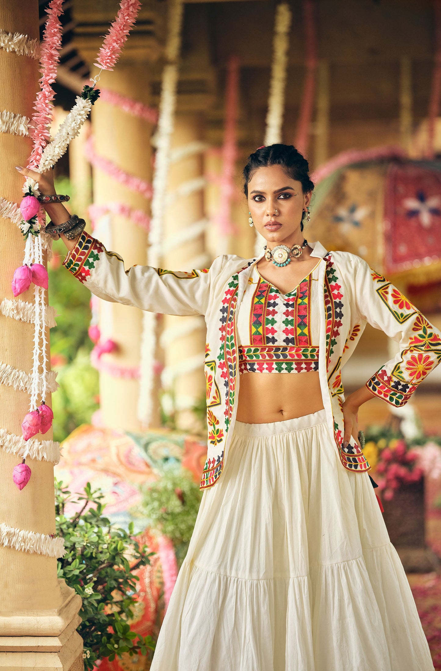 White Cotton Thread Embroidered Navratri  Chaniya Choli