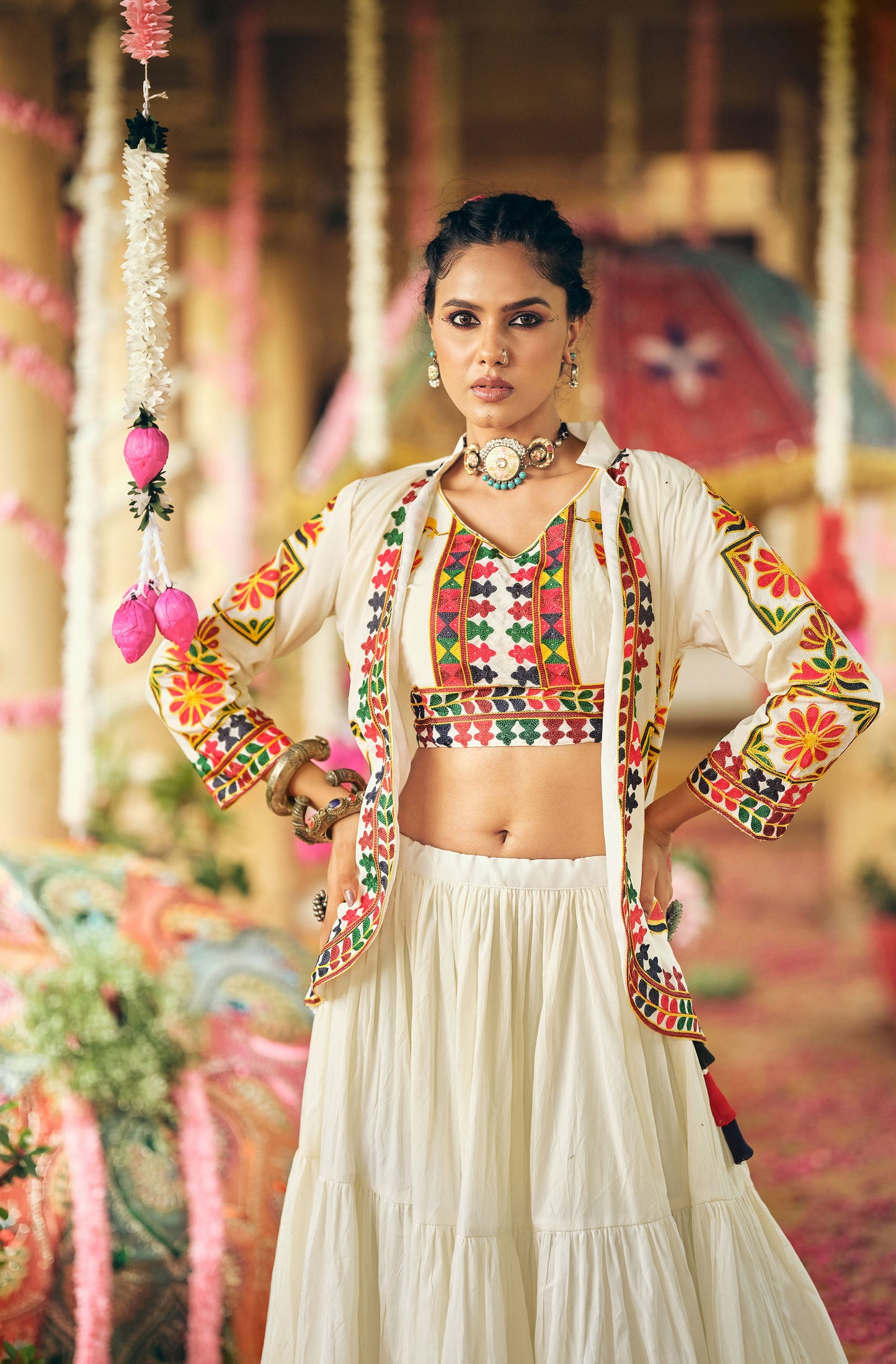 White Cotton Thread Embroidered Navratri  Chaniya Choli