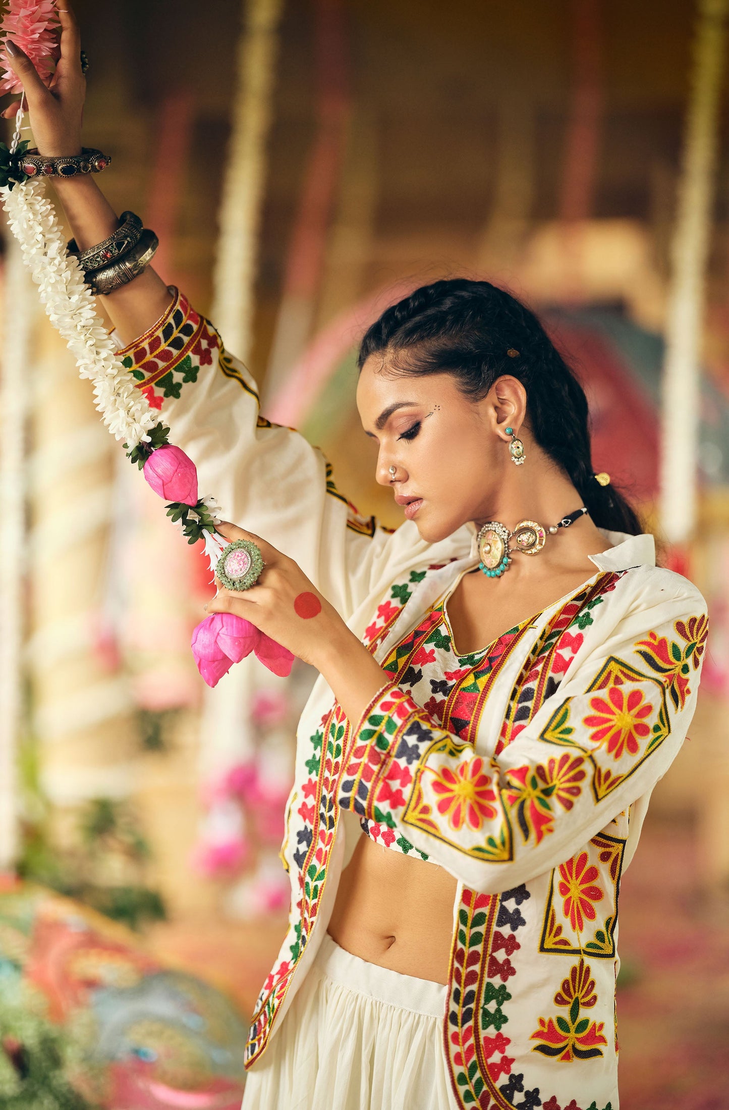 White Cotton Thread Embroidered Navratri  Chaniya Choli