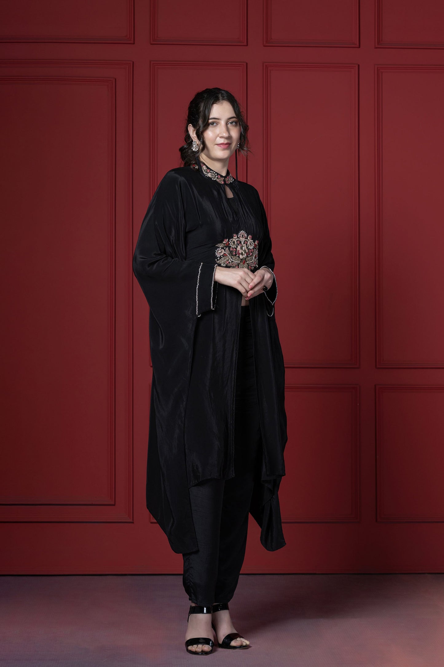Black Crepe Patch Kaftan  Set