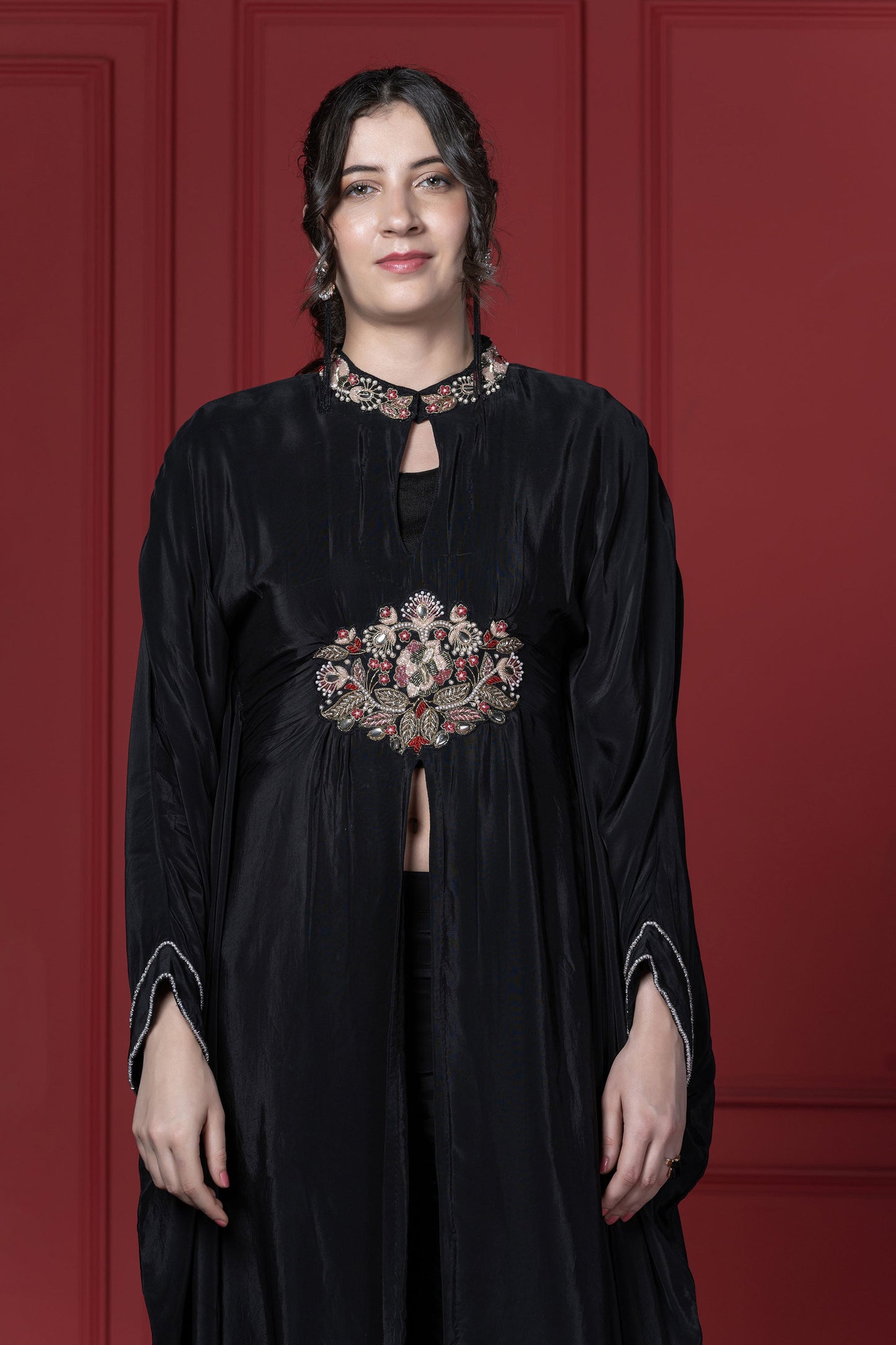 Black Crepe Patch Kaftan  Set
