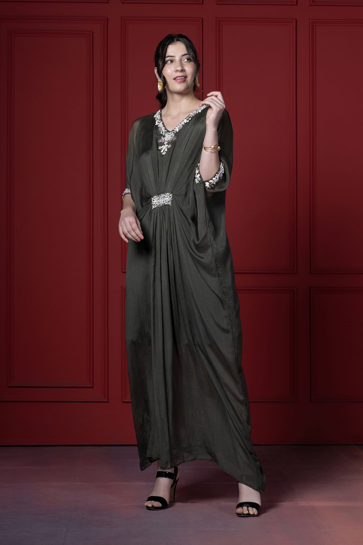 Olive Green Gathered Kaftan  Tunic