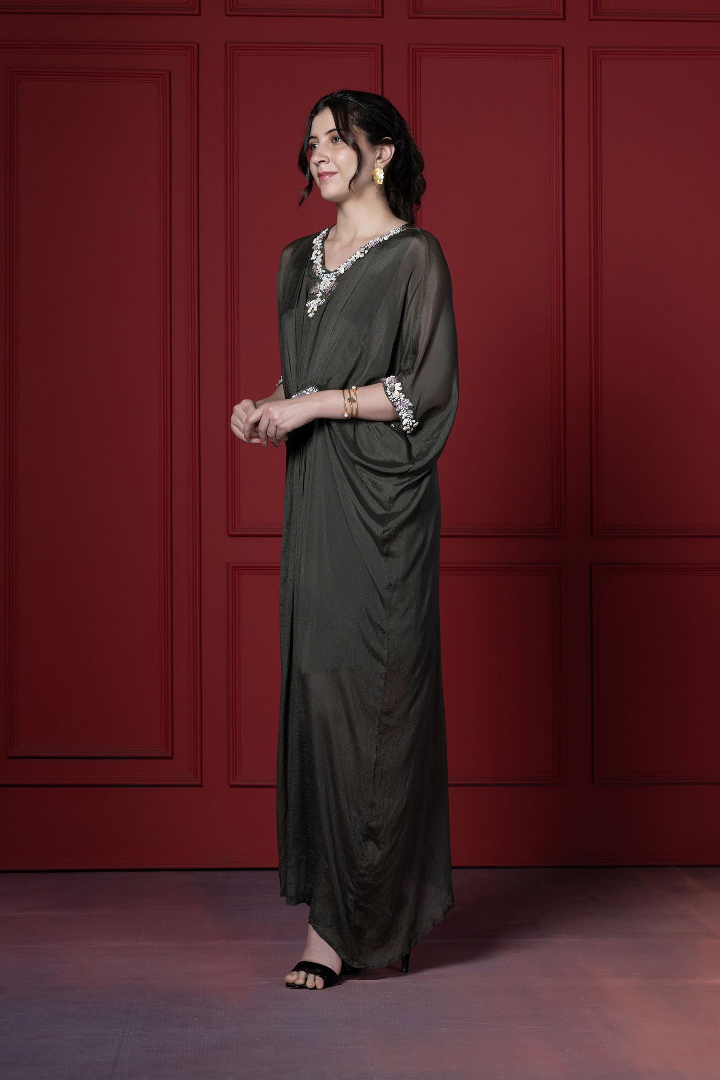 Olive Green Gathered Kaftan  Tunic