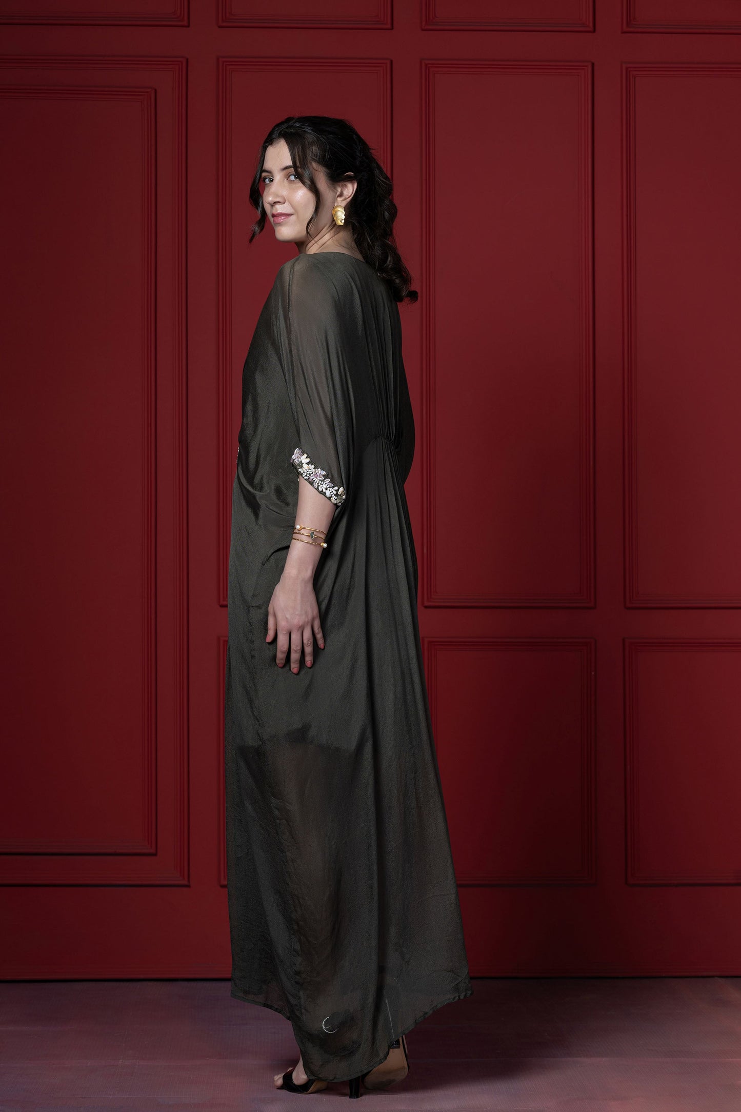 Olive Green Gathered Kaftan  Tunic