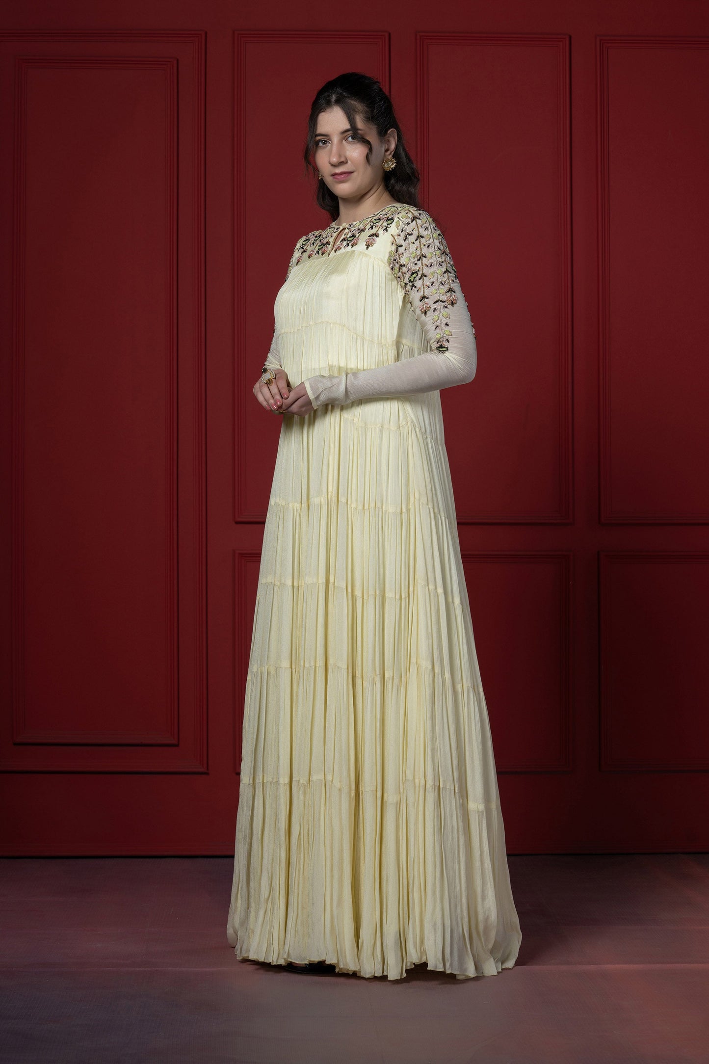 Lime Yellow Multi-Layered Chinnon Zardosi Gown