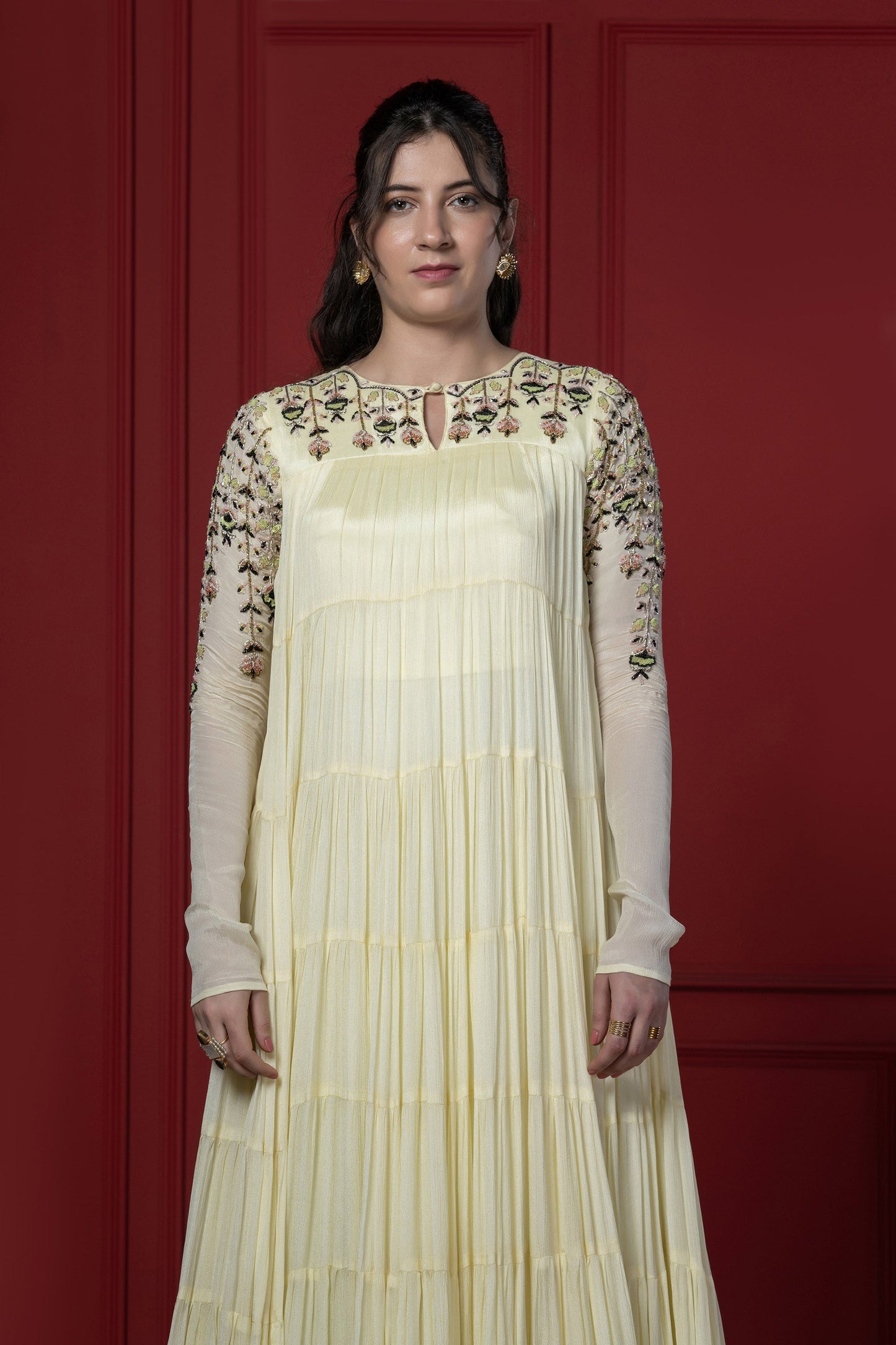 Lime Yellow Multi-Layered Chinnon Zardosi Gown
