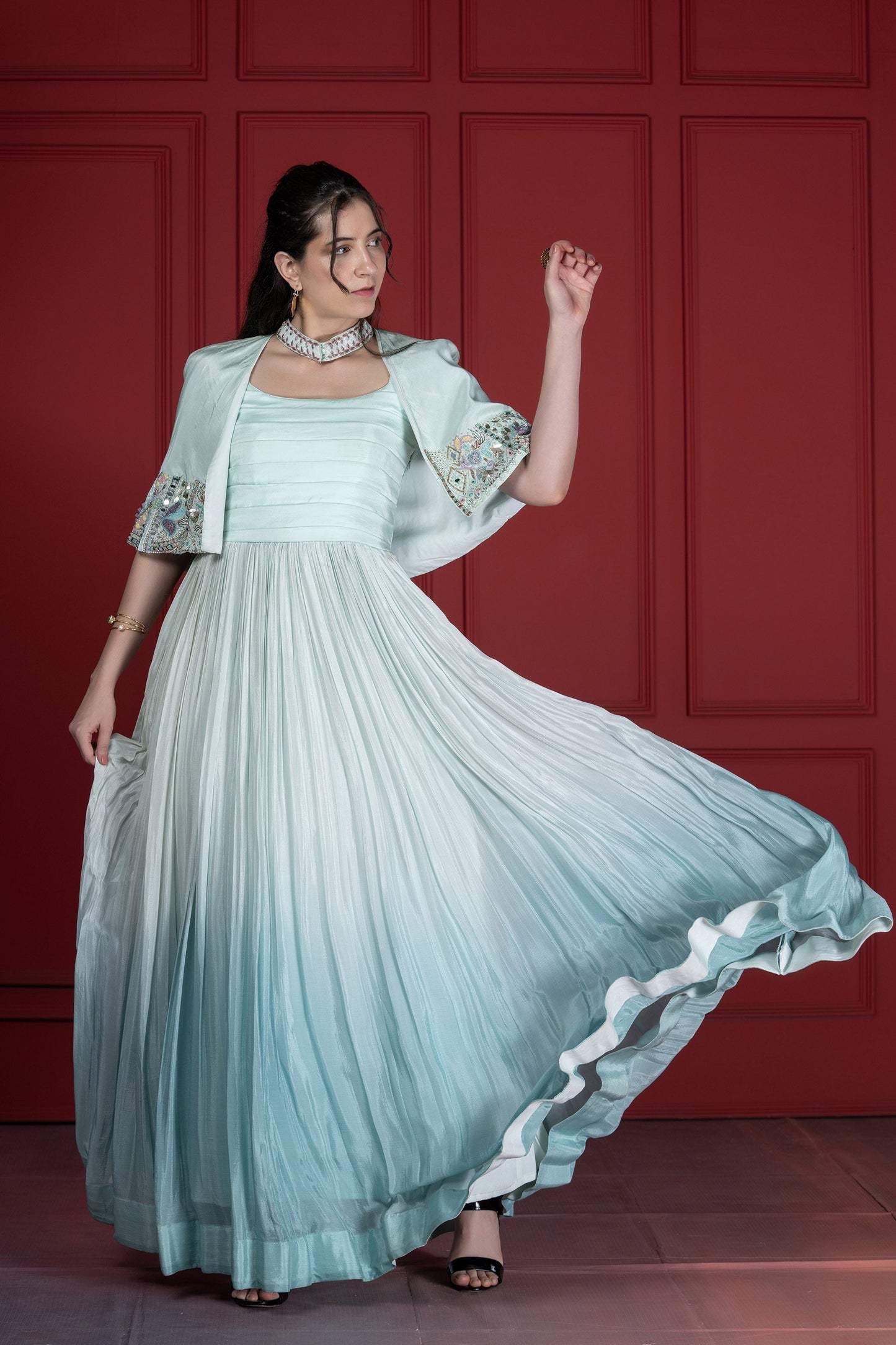 Ombré Cape Upada SIlk French knot Style Aqua blue Gown