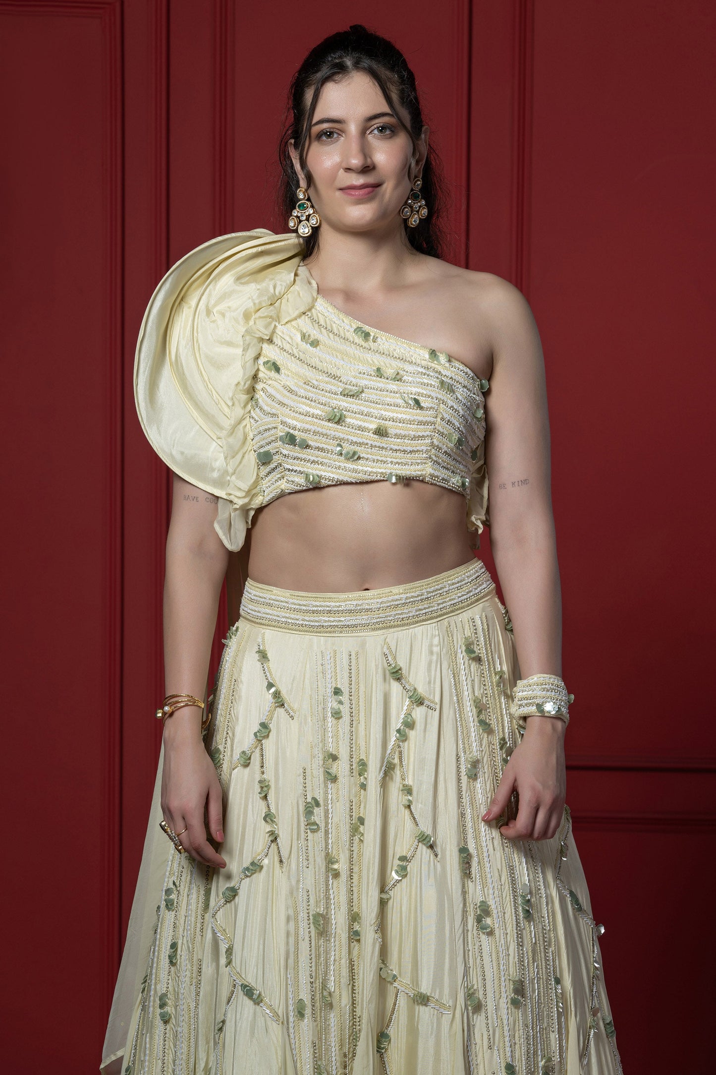 Light Green Upada Silk Heavy embroidered Lehenga with boning
