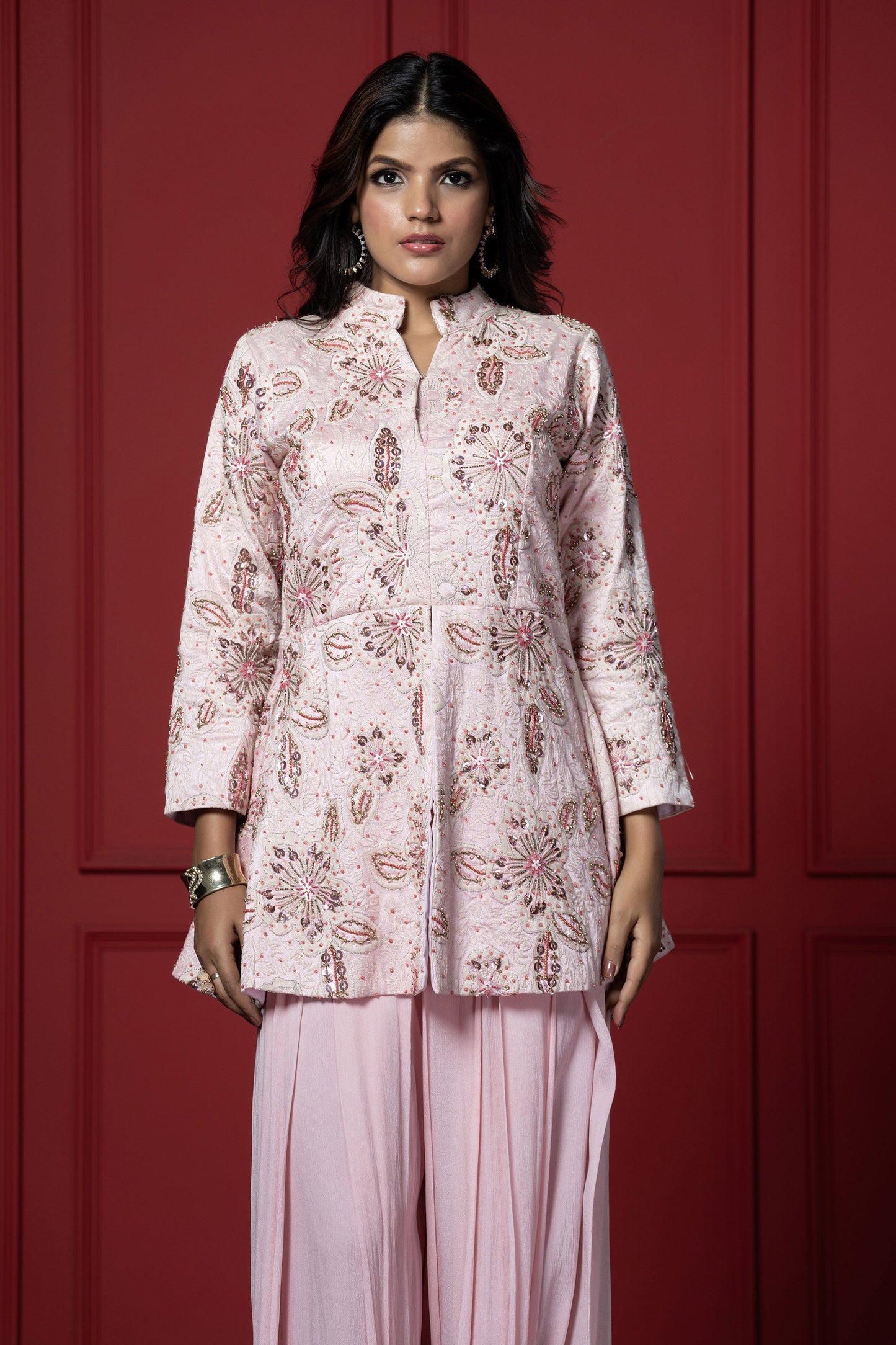 Pink Georgette Embroidered Peplum Set