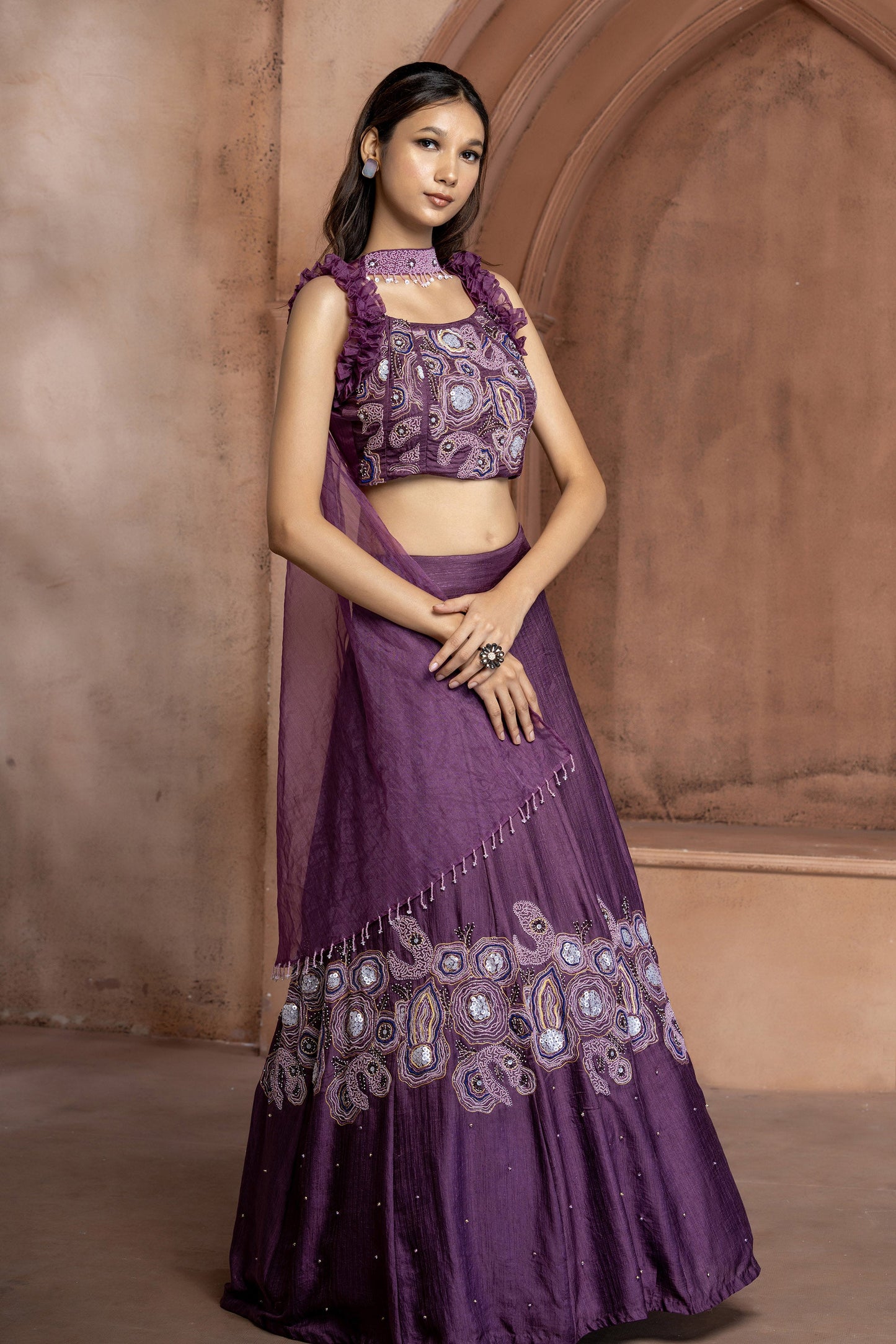Purple Organza patch work Embroidered Lehenga Set