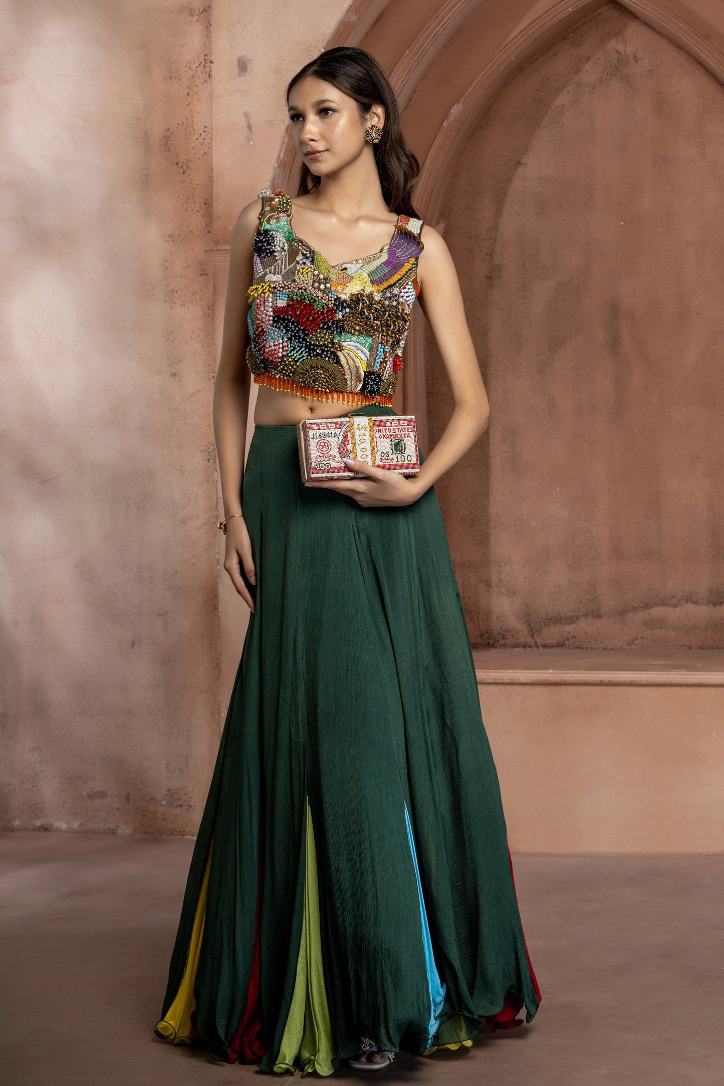 Green Chinnon Embellished Lehenga Set