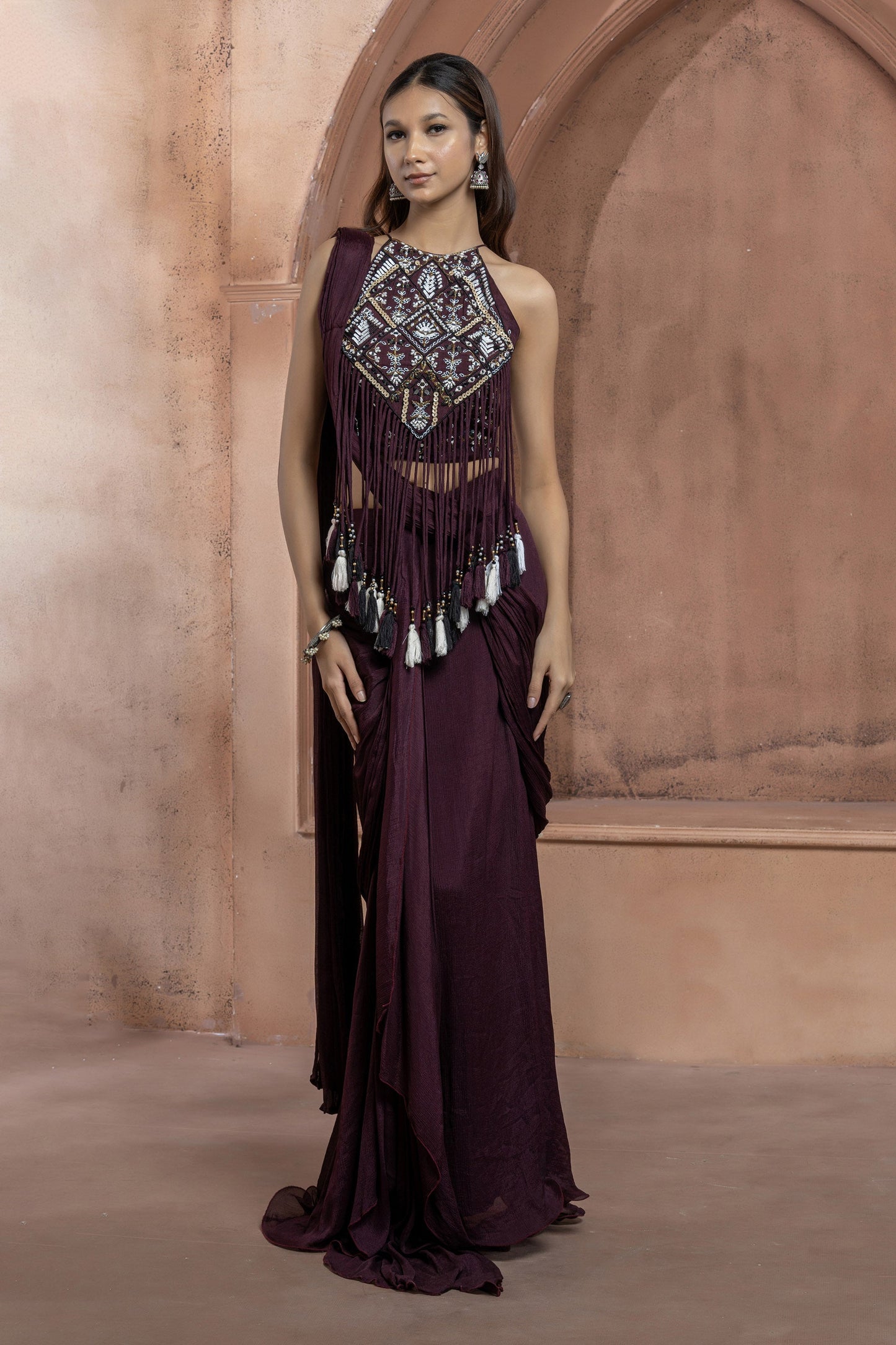 Maroon Chinnon Geometric mirror work Fringe Saree