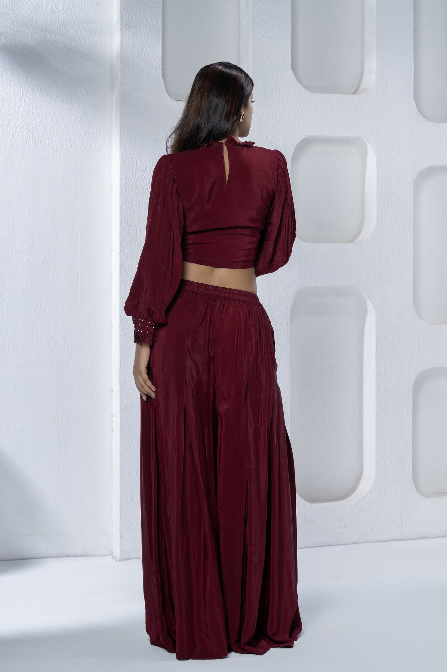 Maroon Pleated Croptop and Palazzo Pant Set