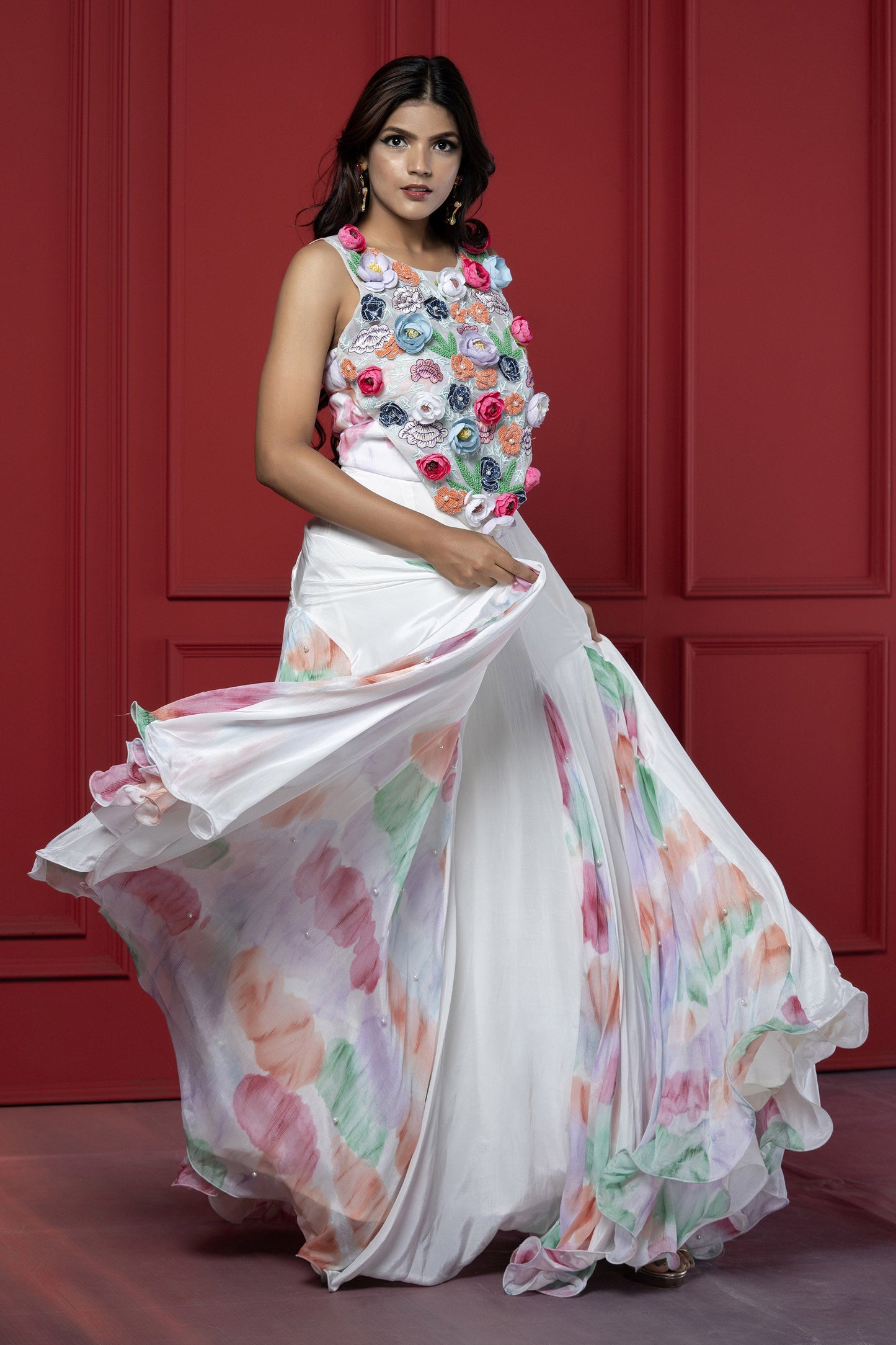 White Chinnon 3D Floral Embellished Gown