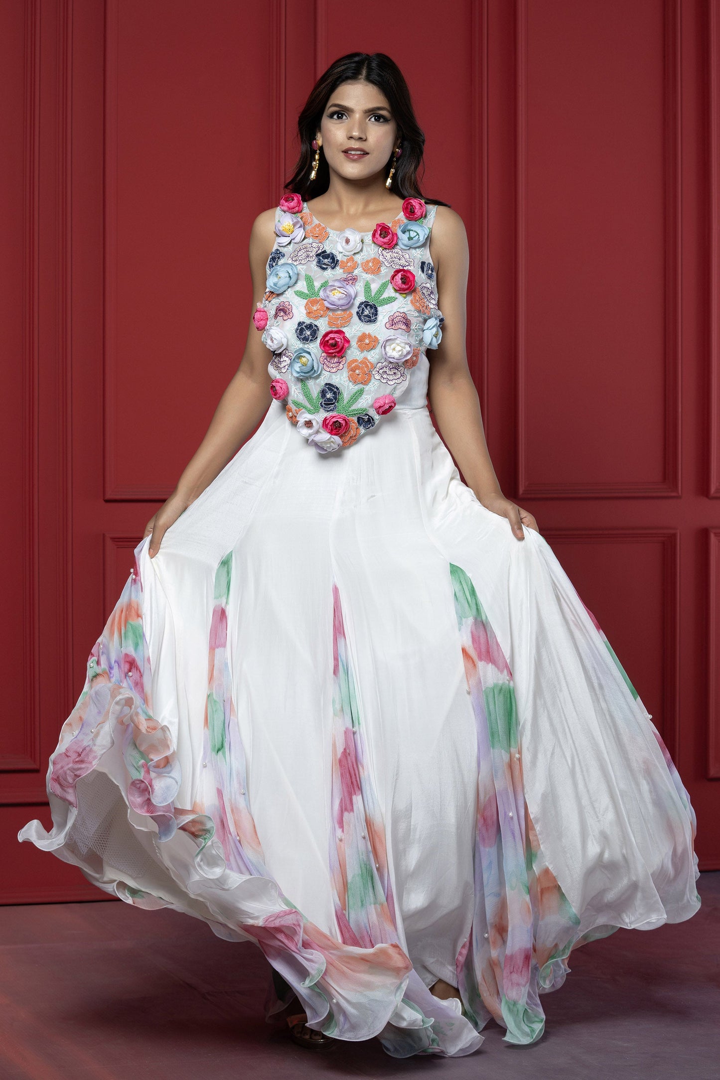 White Chinnon 3D Floral Embellished Gown