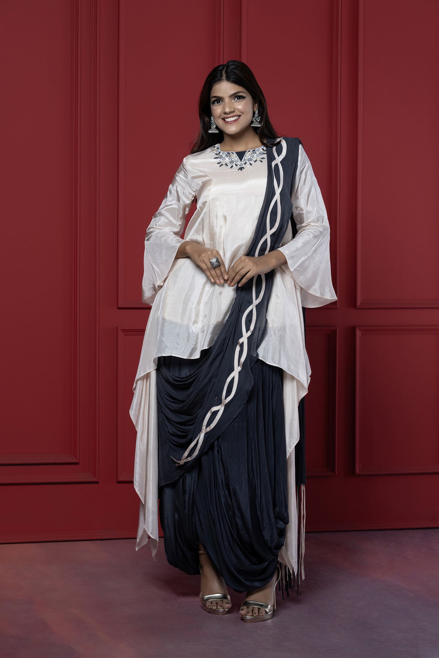 Ivory Asymmetric Drape Style  Kurta set