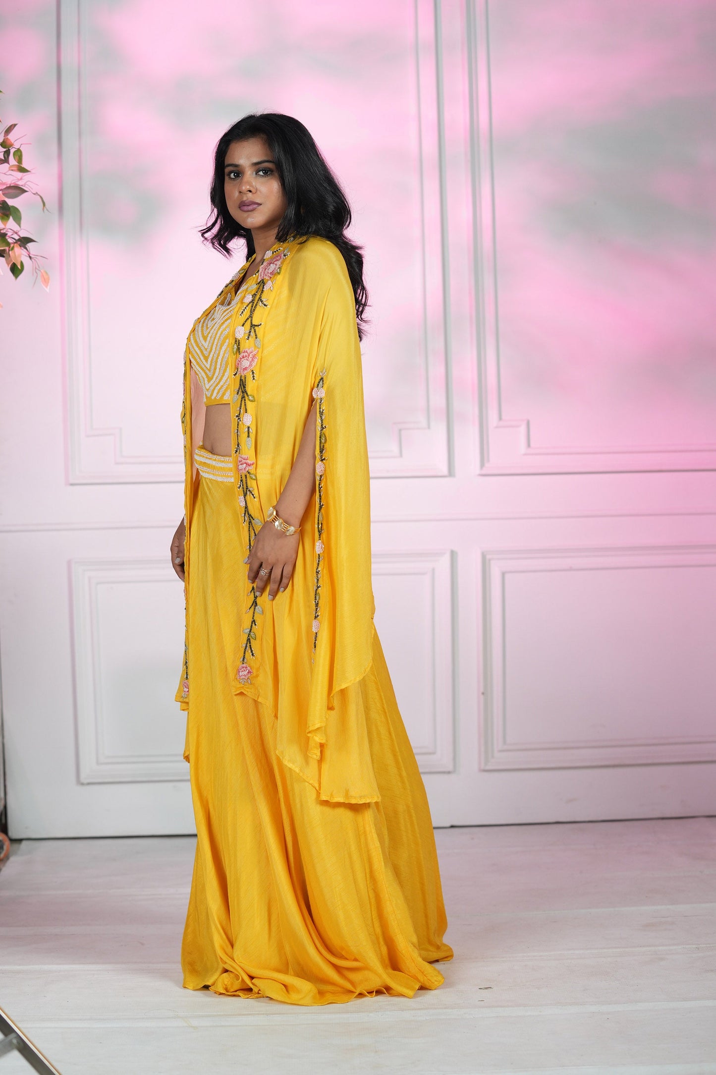 Yellow Dola Silk Cape set