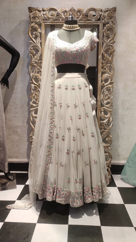 White Floral Embroidery Georgette Bridal Lehenga