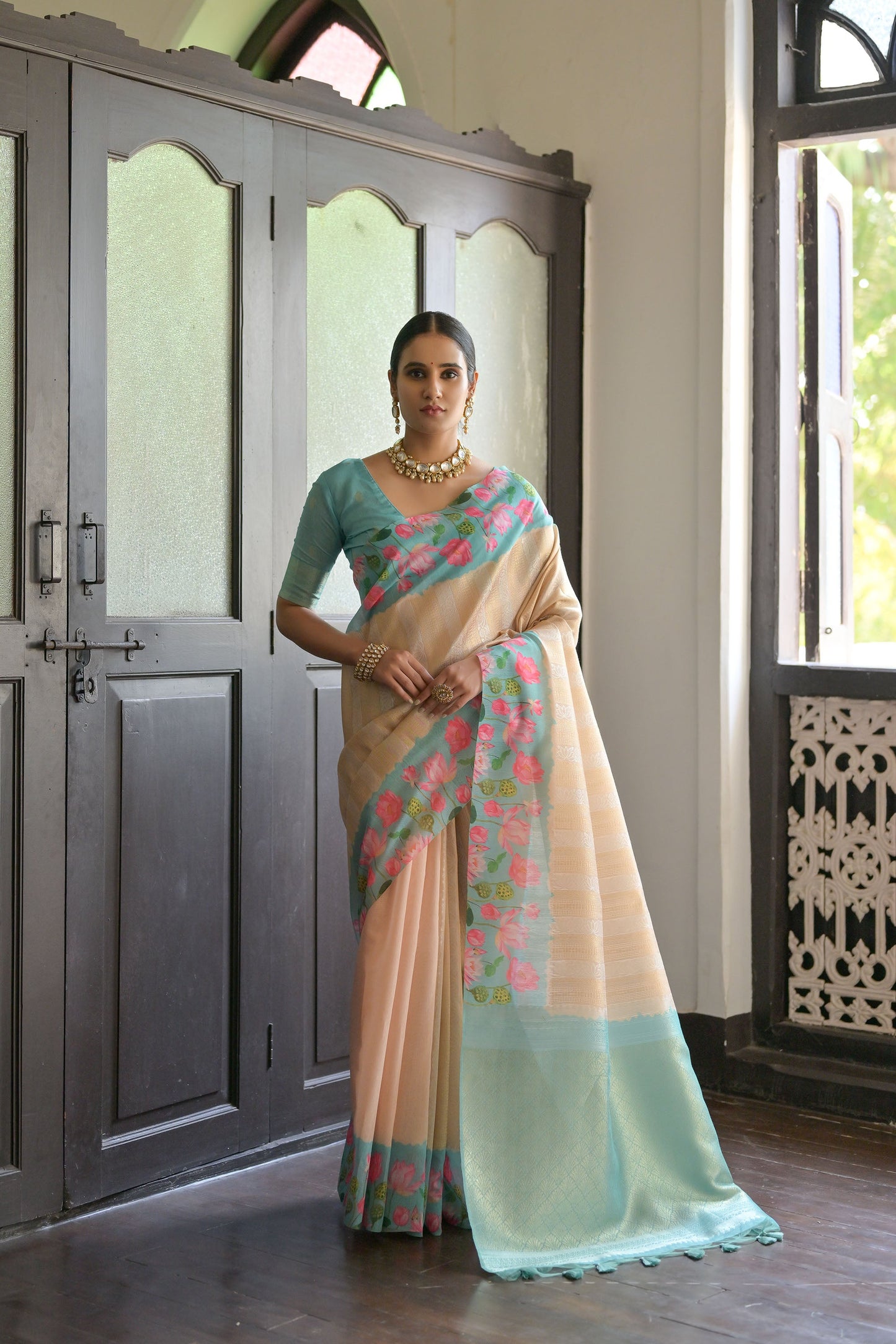 Sonita Flower Cream Banarasi Silk Zari woven Saree