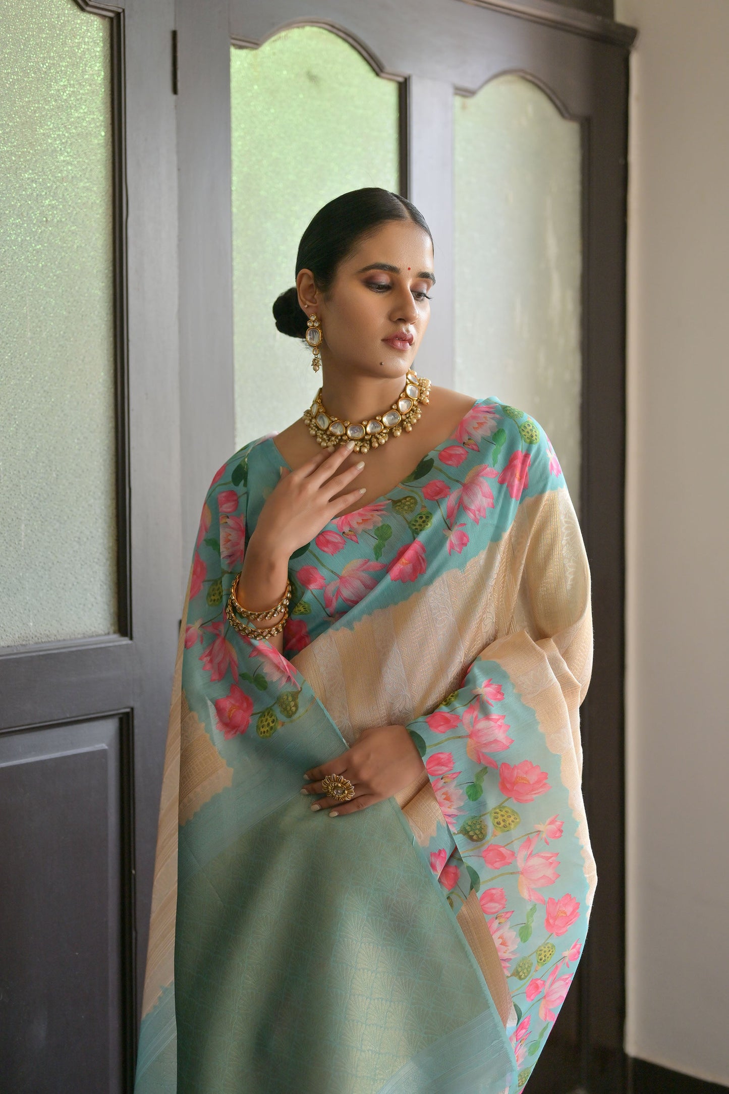 Sonita Flower Cream Banarasi Silk Zari woven Saree