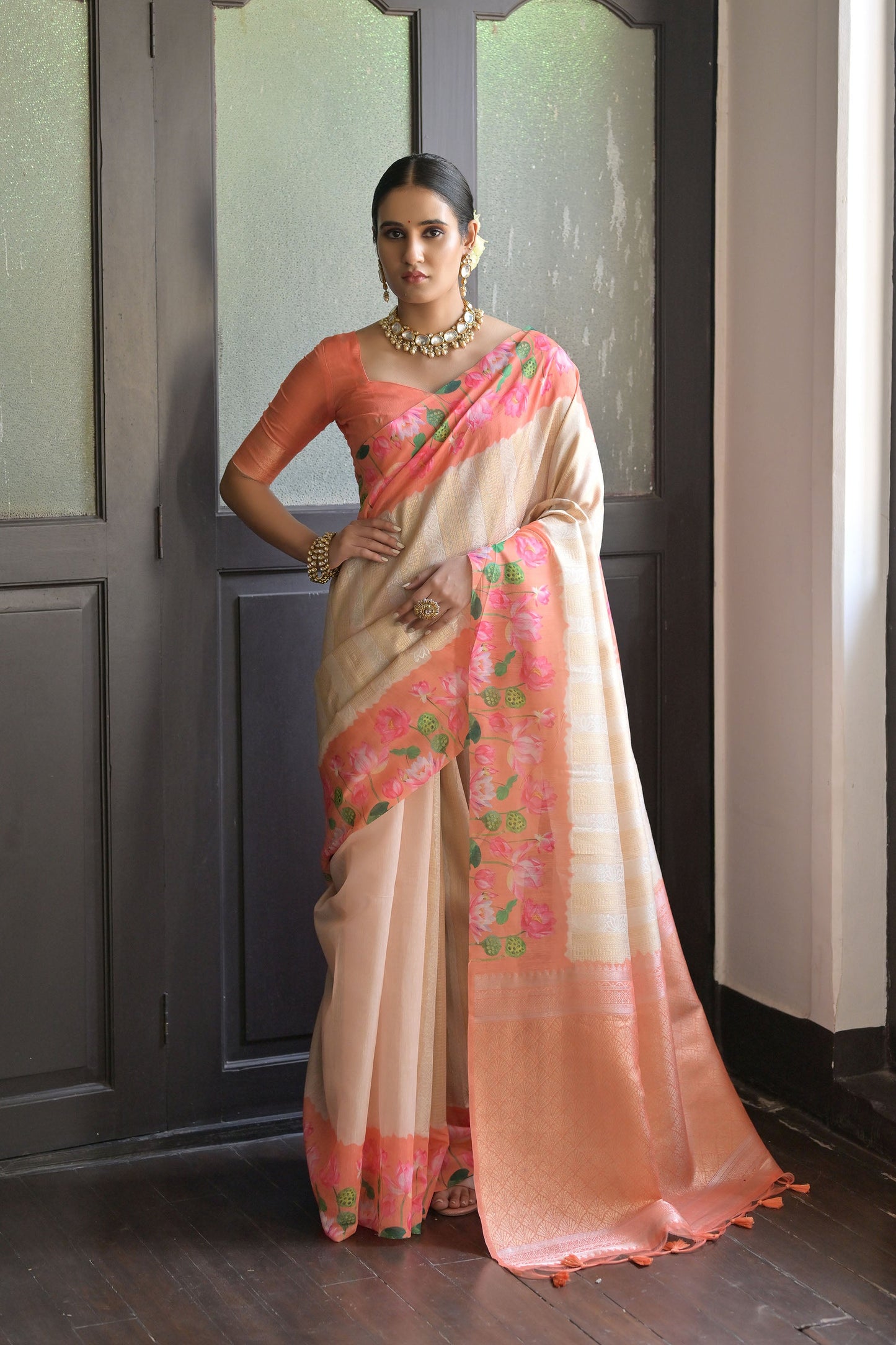 Sonita Flower Orange Banarasi Silk Zari woven Saree