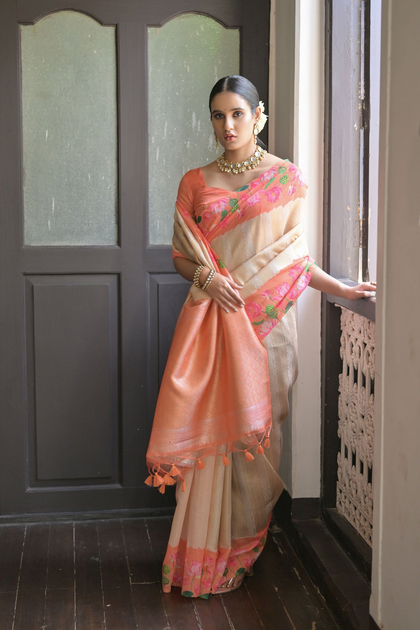 Sonita Flower Orange Banarasi Silk Zari woven Saree