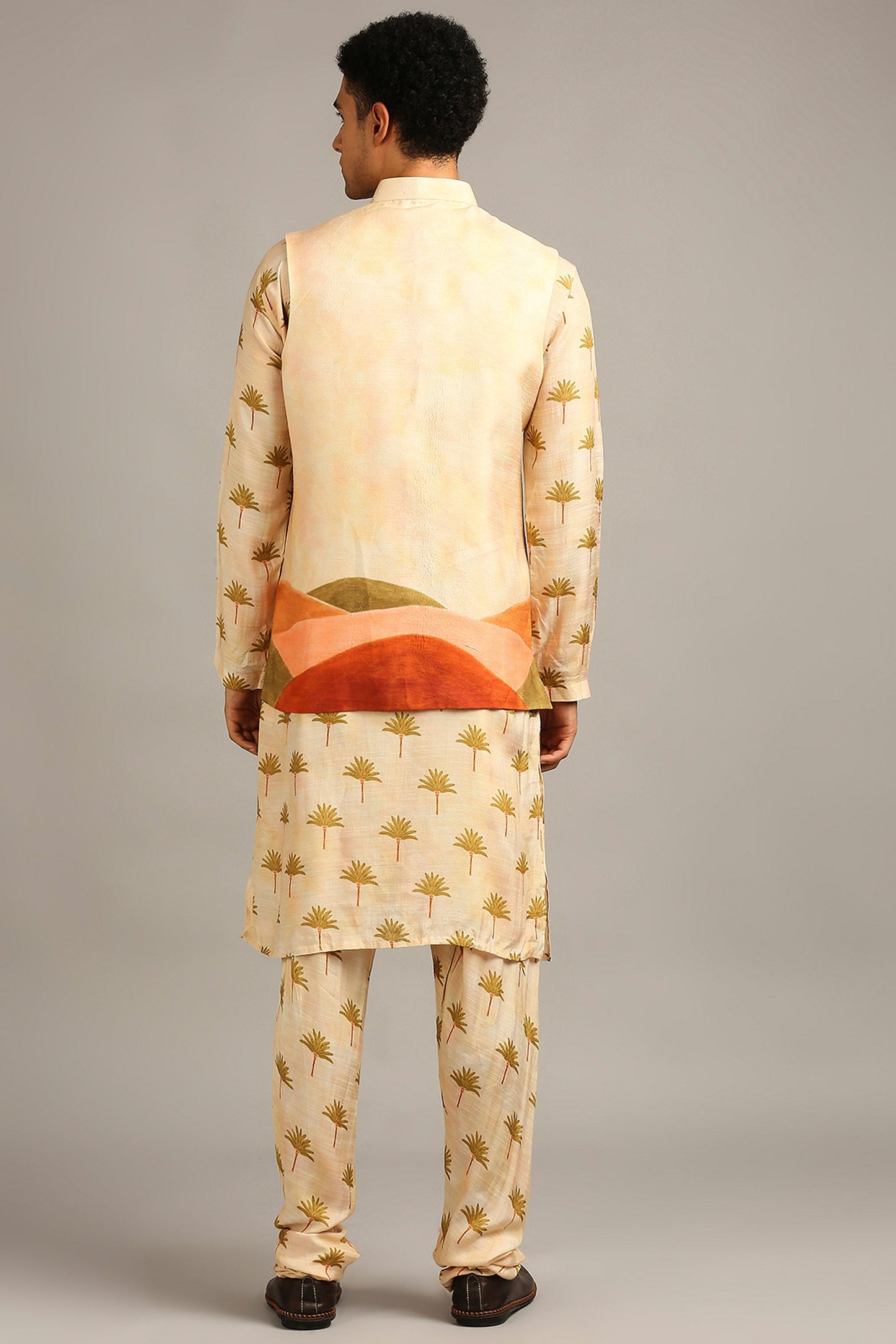Beige Conversational printed longline jacket with kurta set