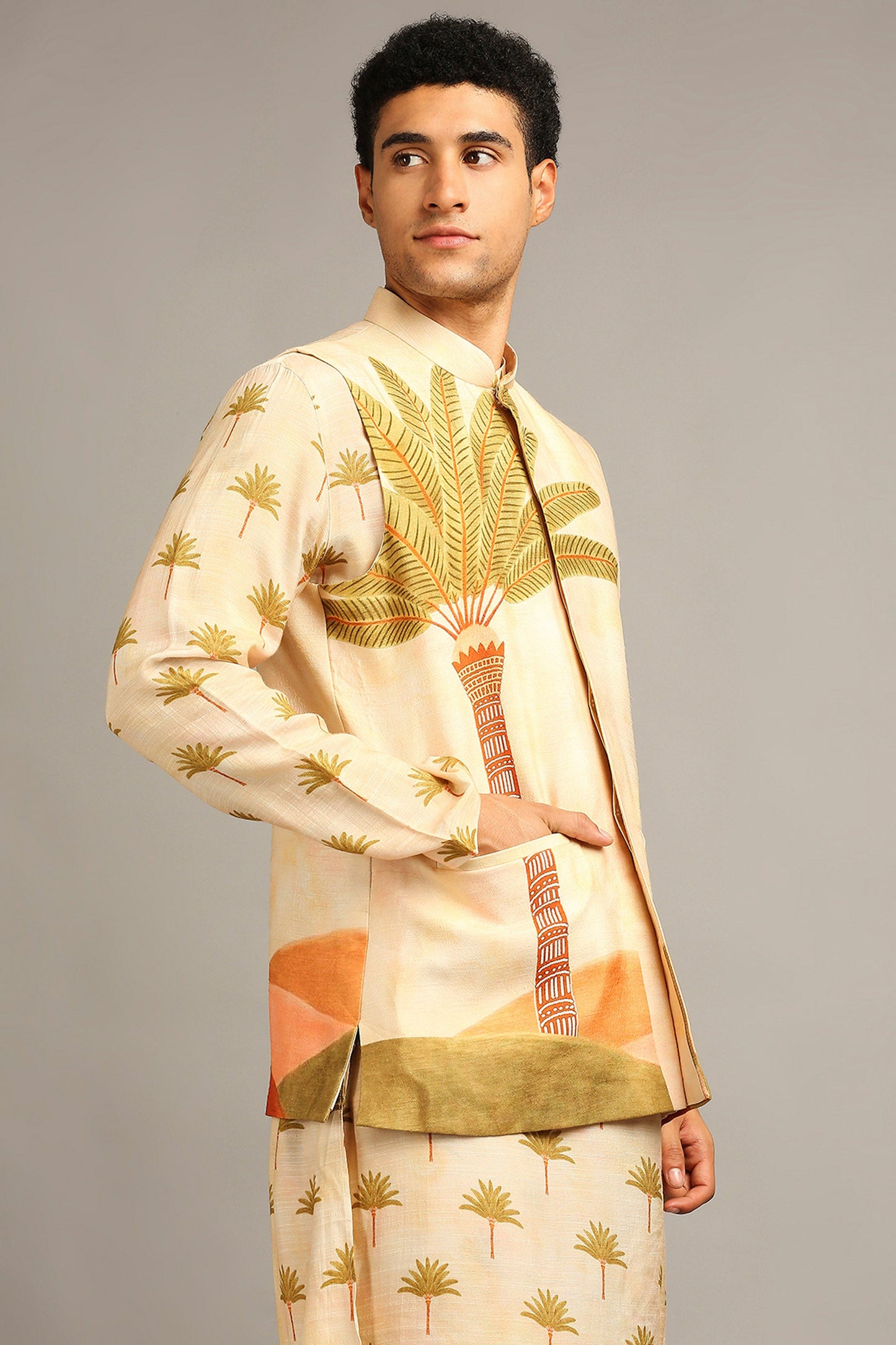 Beige Conversational printed longline jacket with kurta set