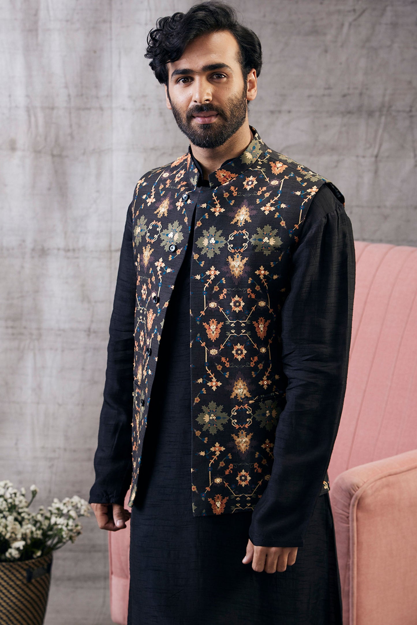 Zahra Black Printed Bundi With Kurta Set