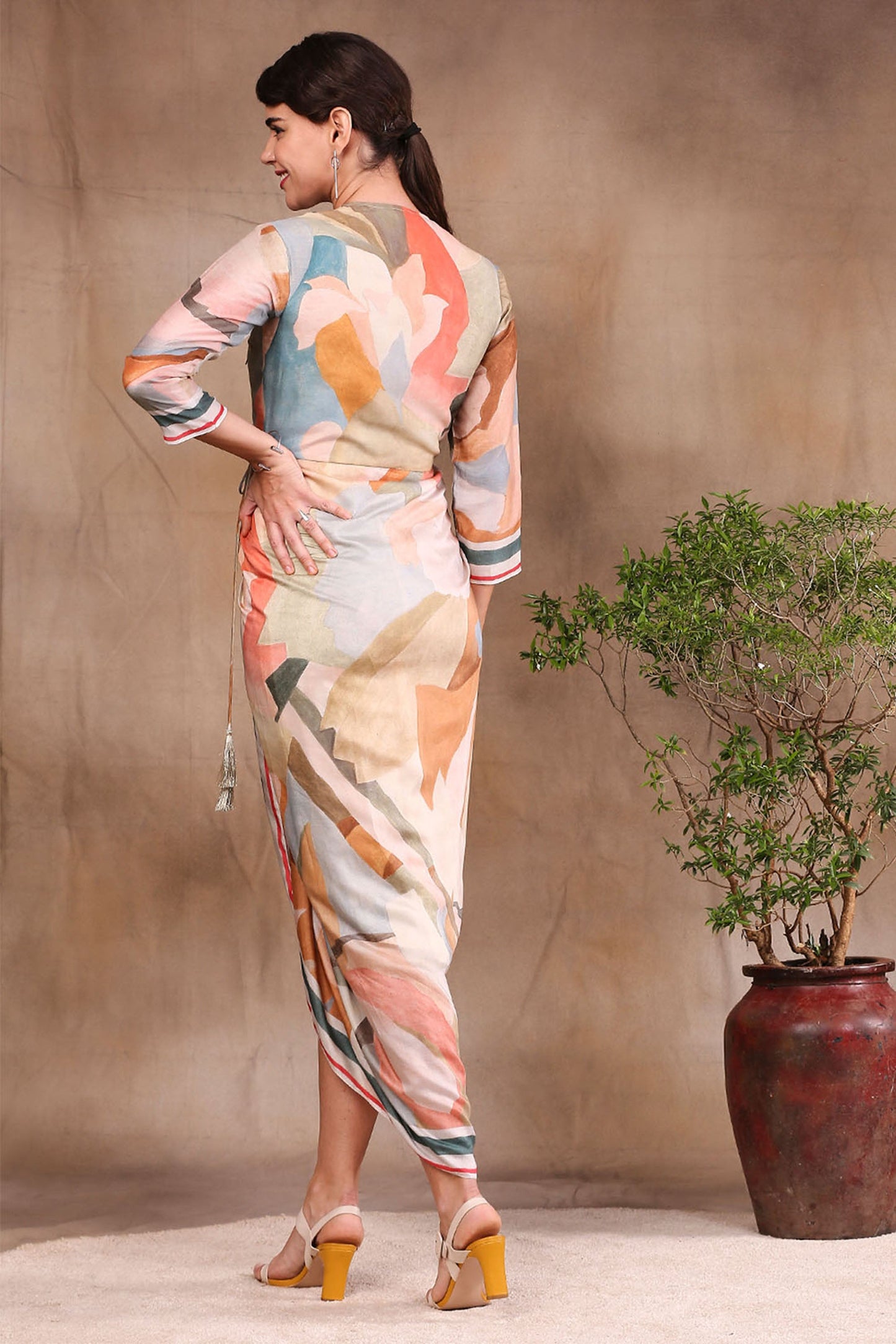 Multi color Cotton Silk Conversational Printed Overlap Drape Dress