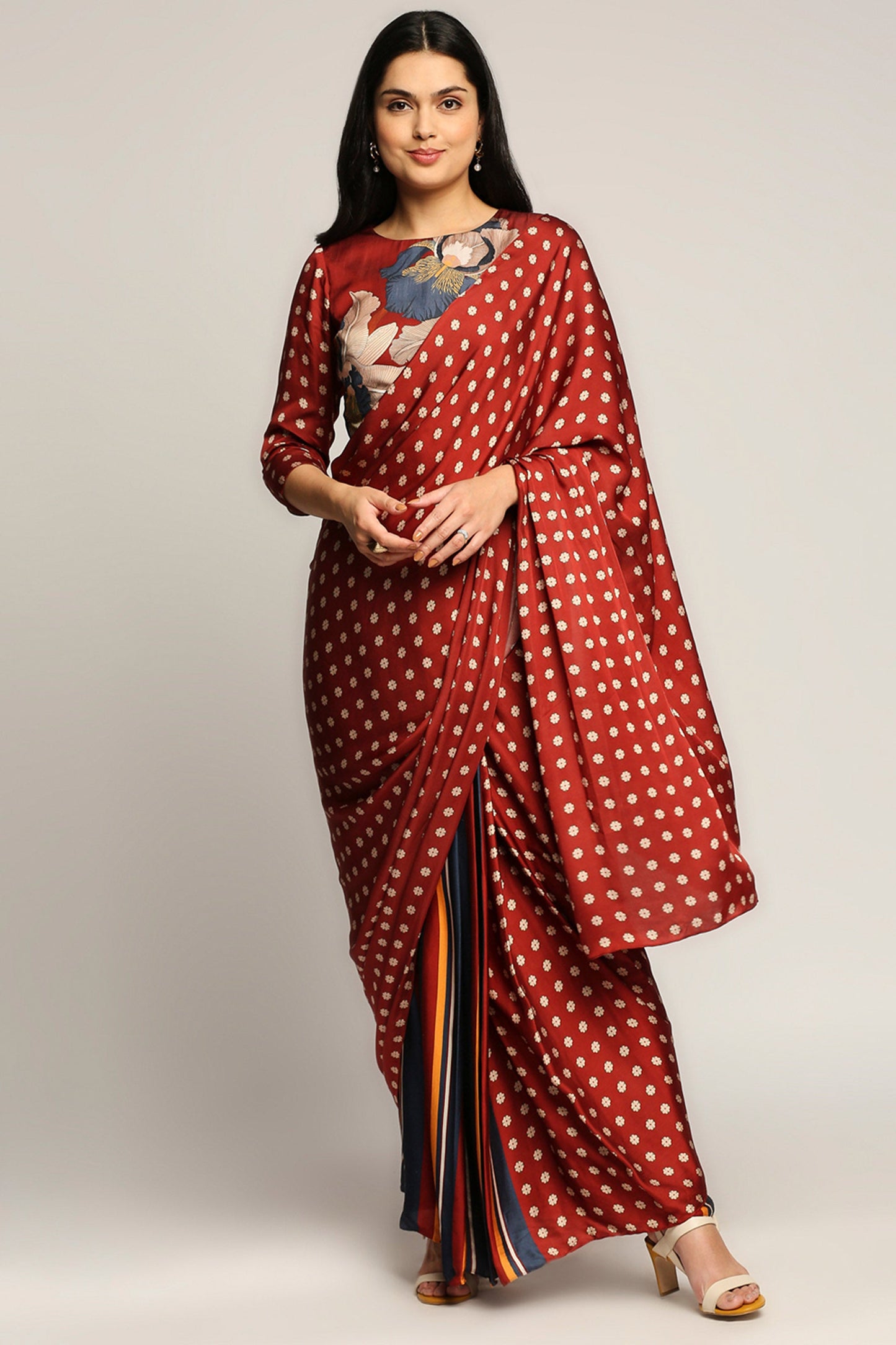 Orchid bloom printed pre-stiched saree with blouse