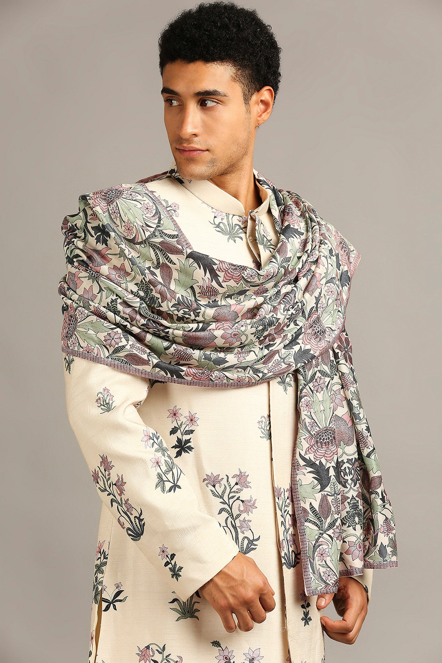 Beige Pastel floral printed sherwani set