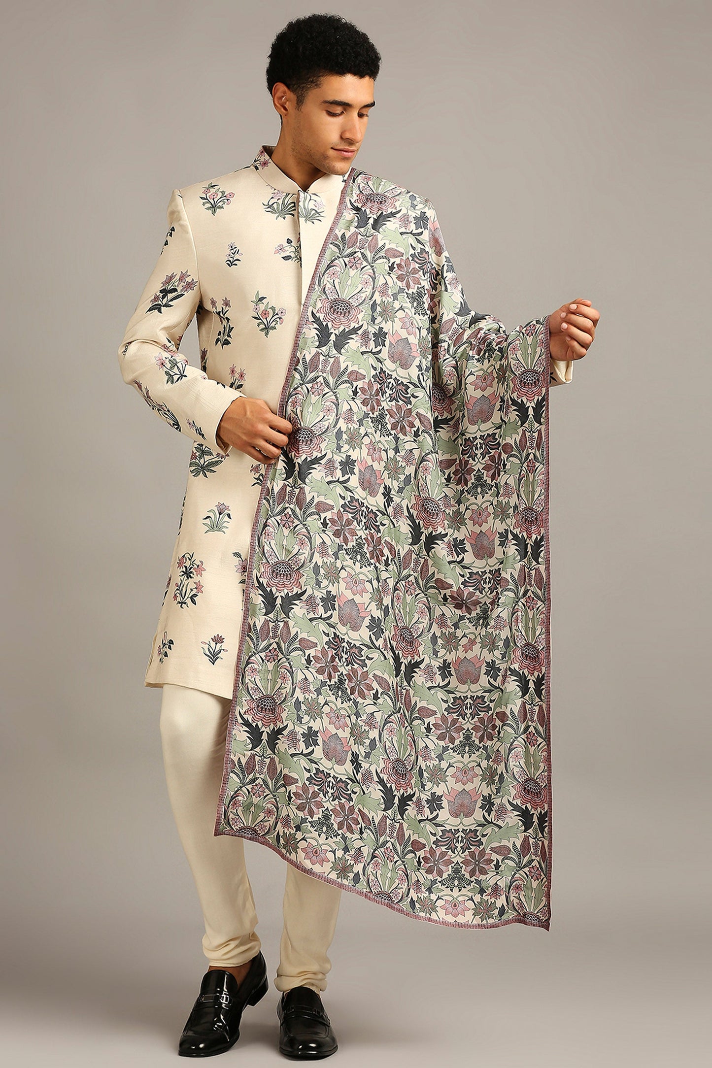Beige Pastel floral printed sherwani set