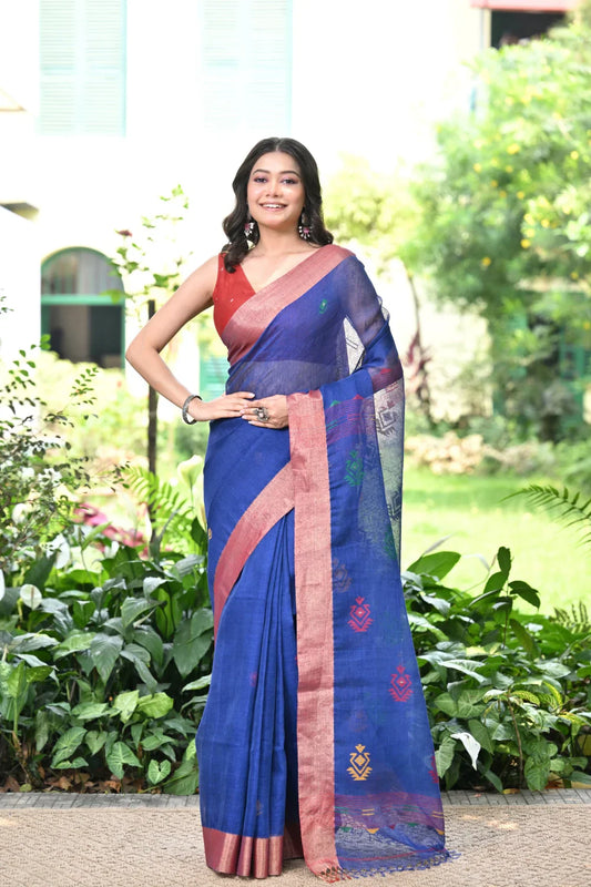 Handloom Navy Blue Pure Linen Zari Jamdani Saree