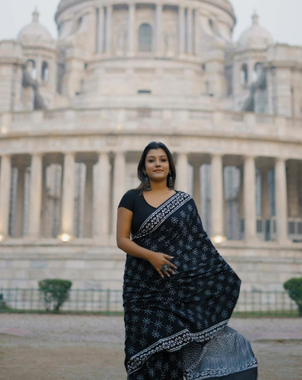 A Sky Full Of Wonders - Blue Handblock Print Natural Dyed - Mulmul Cotton Saree