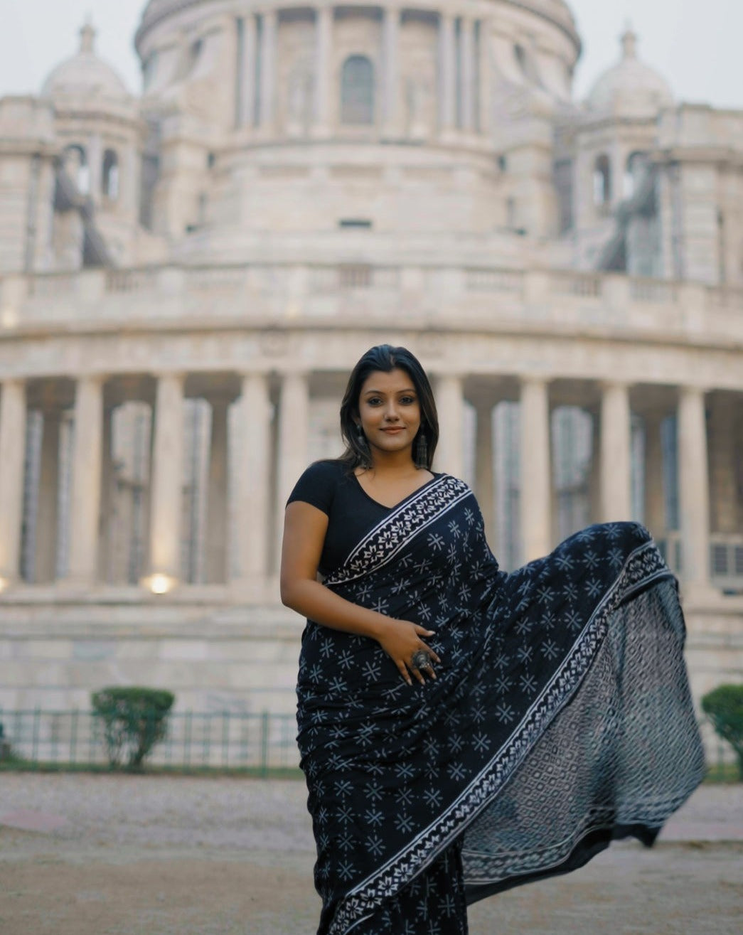 A Sky Full Of Wonders - Blue Handblock Print Natural Dyed - Mulmul Cotton Saree