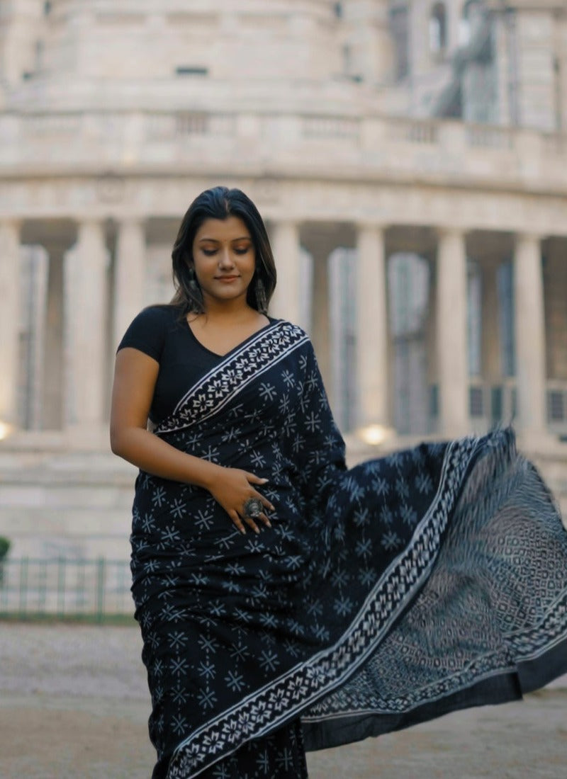 A Sky Full Of Wonders - Blue Handblock Print Natural Dyed - Mulmul Cotton Saree