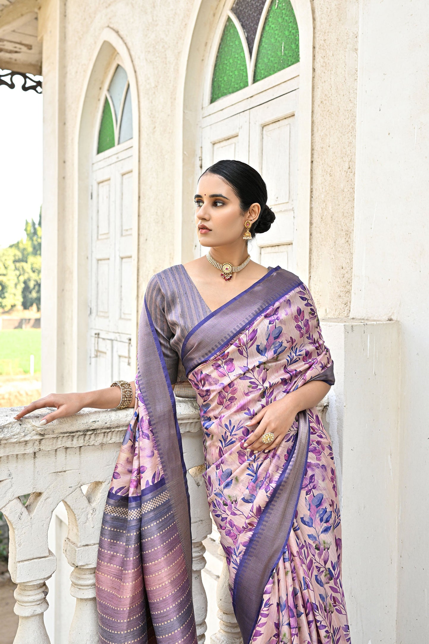 Tanika Pan Blue Soft Tussar Silk Zari Woven Floral printed Saree