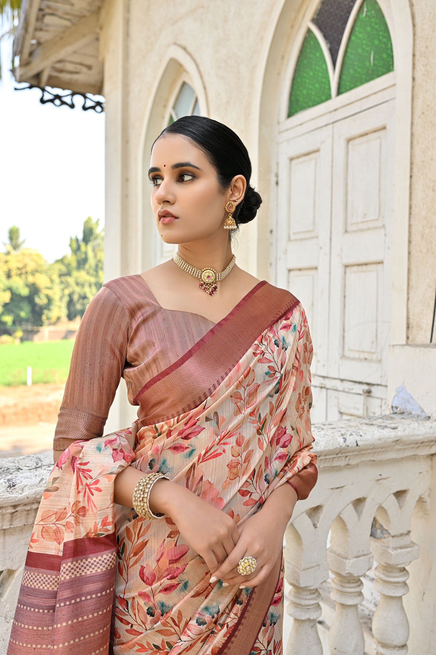 Tanika Pan Coffee Soft Tussar Silk Zari Woven Floral printed Saree