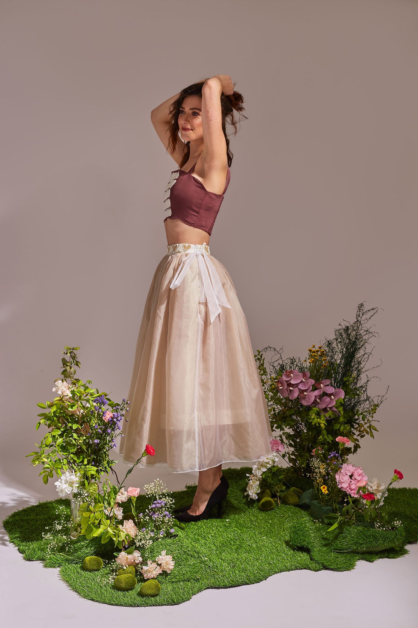 AMOUR  Plum, Beige and White crop top skirt