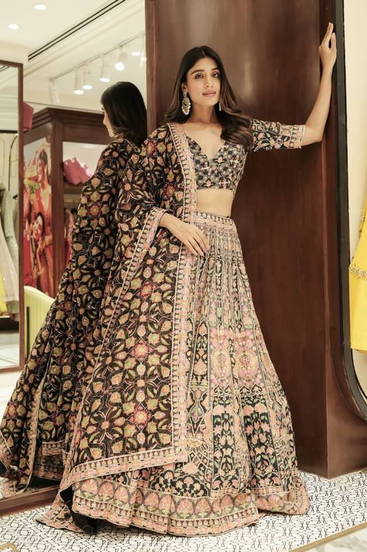 Black silk lehenga choli with thread and sequins work