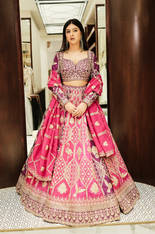 Pink & purple banarasi silk lehenga choli with thread and sequins work