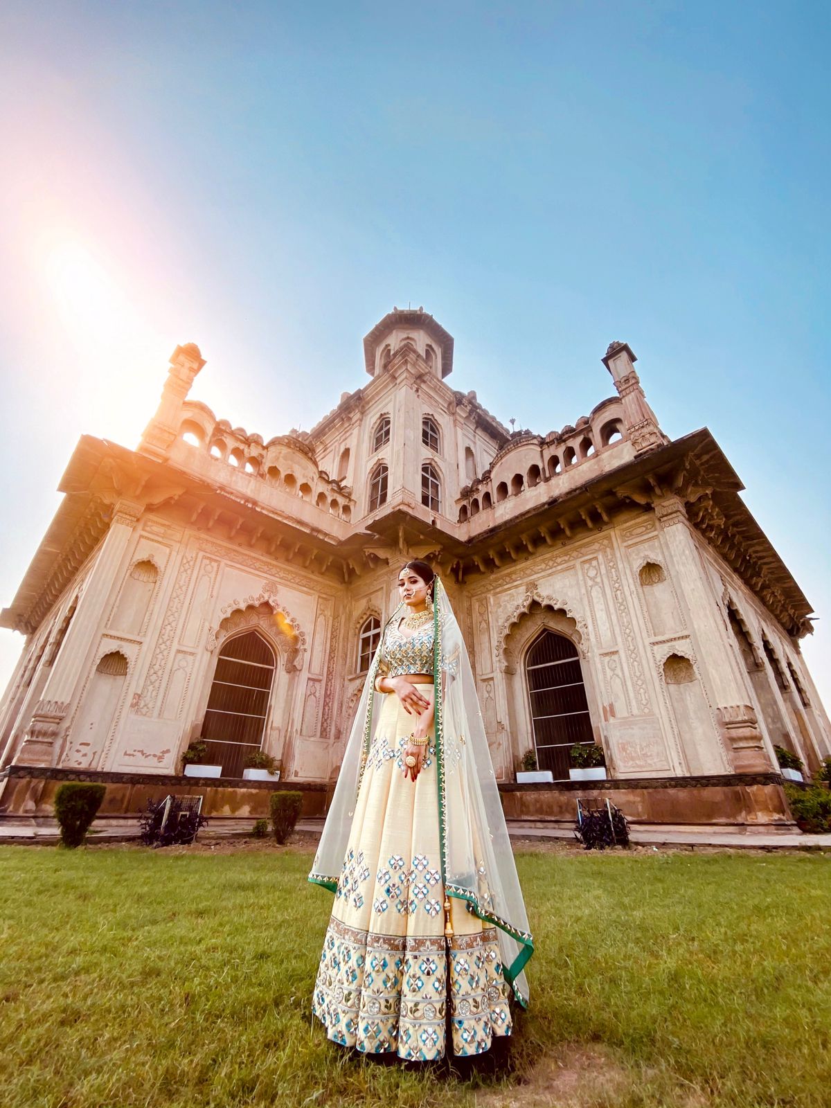 Off white & Lemon Yellow Pure Raw Silk Resham & Dabka work Lehenga