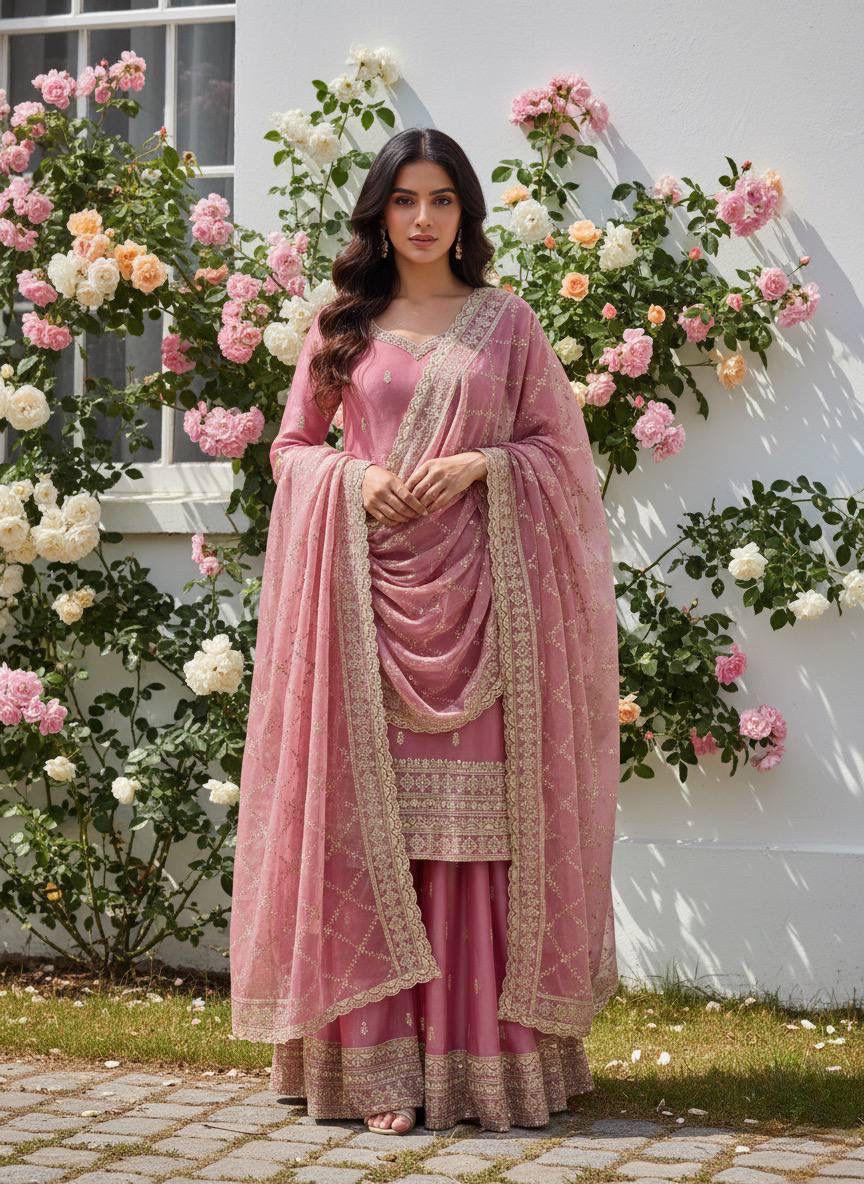 Embroidered Silk Palazzo Suit Set