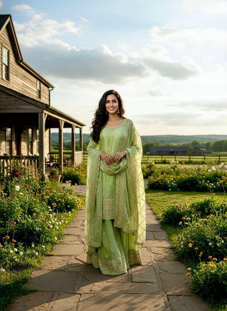 Embroidered Silk Palazzo Suit Set