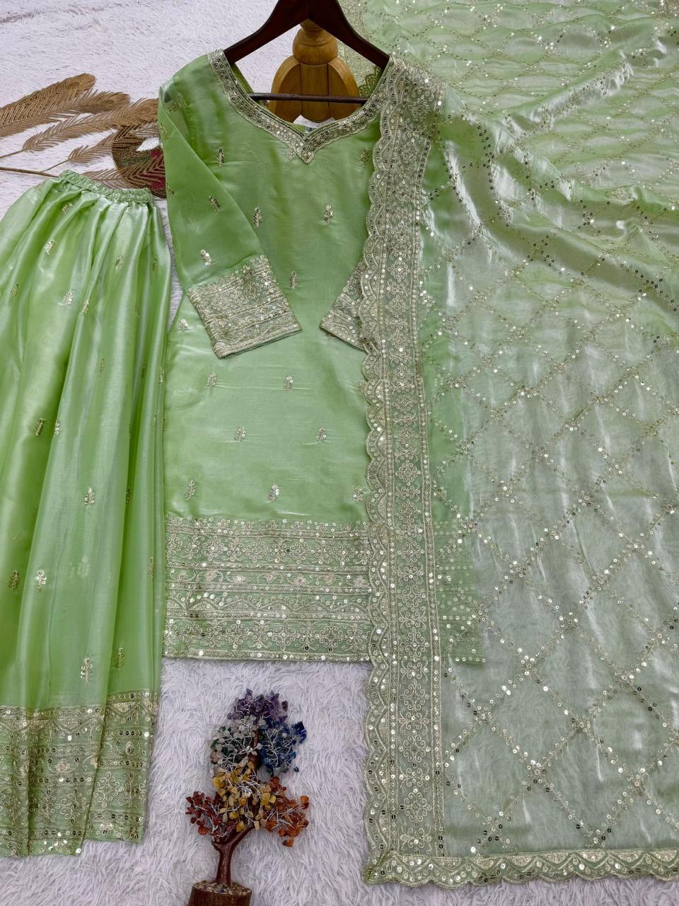 Embroidered Silk Palazzo Suit Set