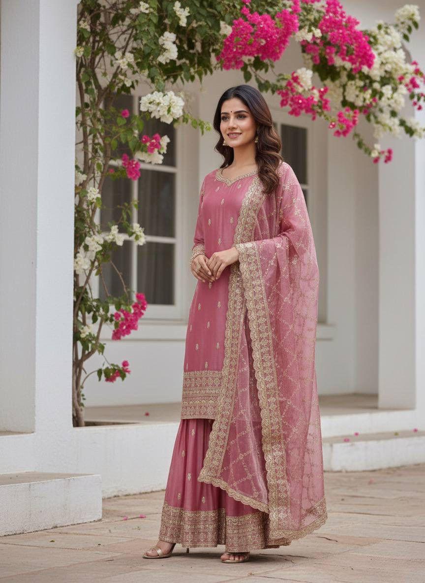 Embroidered Silk Palazzo Suit Set